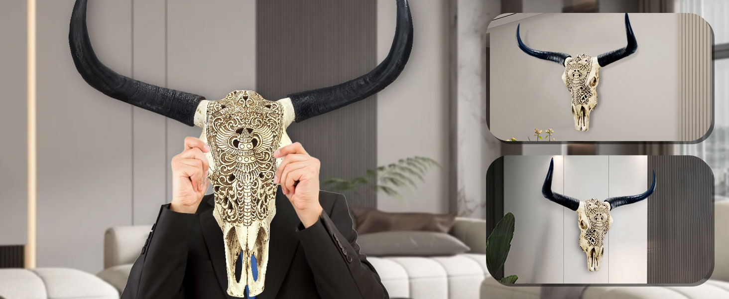 Large Black white Faux Cow Skull Wall Decor with Long Horns - Realistic Resin Bull Head Sculpture 