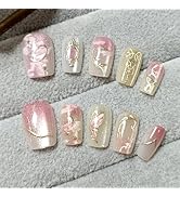 30Pcs Pink Press on Nails Short Square Fake Nails with Embossed Designs Glue on Nails Spring Summ...