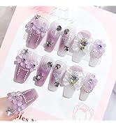SINHOT Luxury Press on Nails - Long Coffin Fake Nails 3D Handmade Purple Flowers Reusable False N...