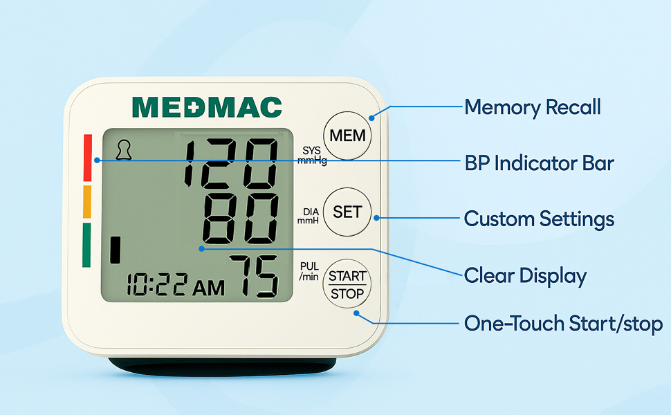 Sit upright, feet flat, breathe steadily while the automatic wrist blood pressure cuff inflates.