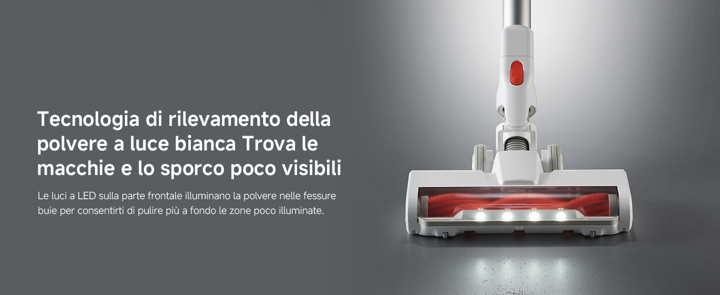 Il testo recita: «La tecnologia fornisce energia, pur essendo di una dimensione inferiore deve ricevere alla sua velocità tutto il tempo». Aspirapolvere senza fili bianco su sfondo chiaro.