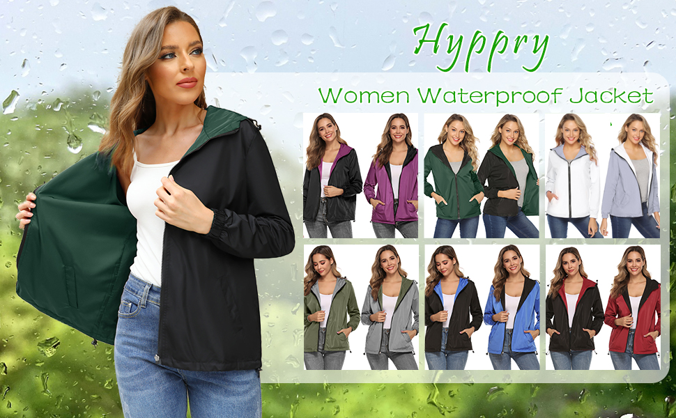 Hyppry Lightweight Waterproof Jackets Women's Rain Jacket Reversible Coats Packable Windbreaker