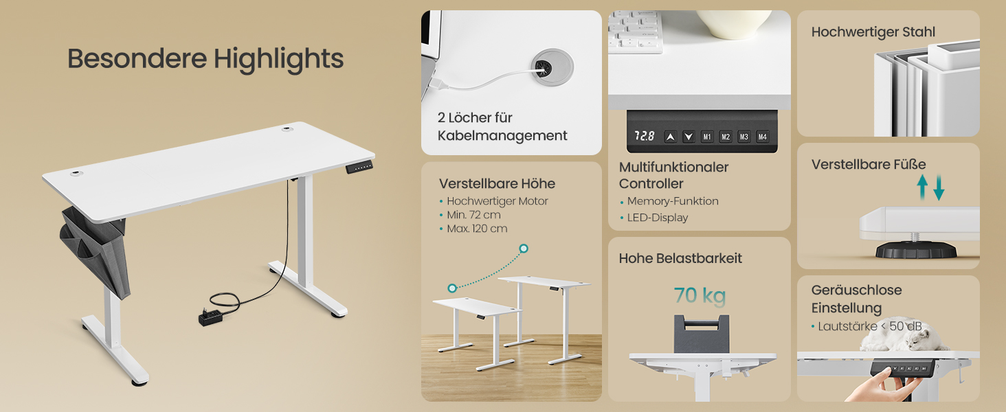 Elektromosan állítható magasságú íróasztal, 60 × 140 × 72–120 cm –, felhő fehér színben