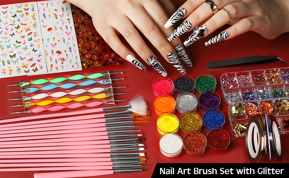 Nail Art Kit with Nail Glitter & Nail Sticker, Teenitor Nail Art Brushes for