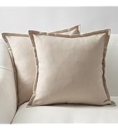 Topfinel Beige Decorative Couch Pillow Cover 18x18 Inch Set of 2,Farmhouse Linen Edges Trimmed Ac...