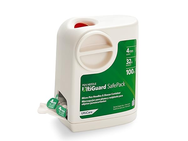 UltiGuard Safe Pack Pen Needles and sharps container on white background.