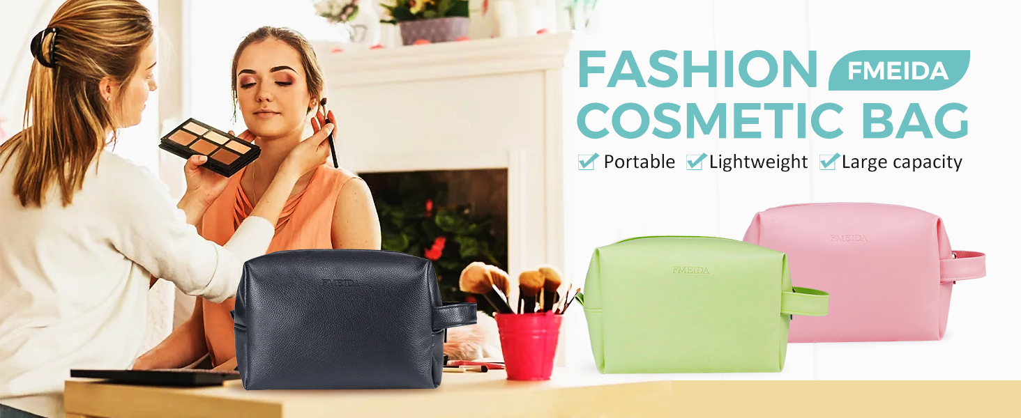 Fmeida Large Makeup Bag Black Leather Cosmetic Bag