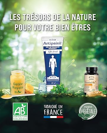 Présentoir de produits de bien-être naturels comprenant de la crème Artipalsil, de la gelée royale et des suppléments vitaminiques sur fond vert. Le texte en français fait la promotion des trésors naturels pour le bien-être.