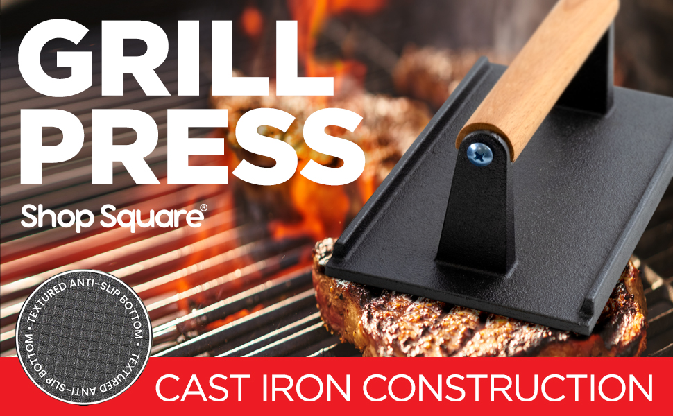 Cast Iron Grill Press 8 x 4 Inch, 2.6 lb Griddle Press with CoolTouch Wood Handle