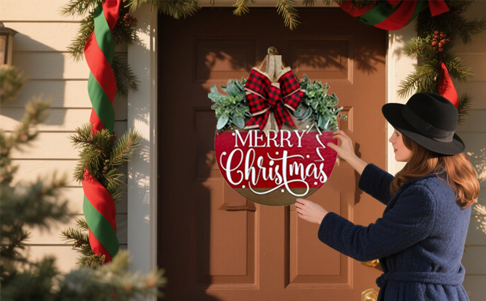 Merry Christmas Door Hanger Sign for Front, Chrismas Welcome Wooden Wreaths Sign Winter Farmhouse