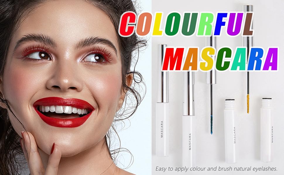 Text reads 'COLOURFUL MASCARA'. Beauty product advertisement showing colorful mascara tubes arranged vertically against white background.