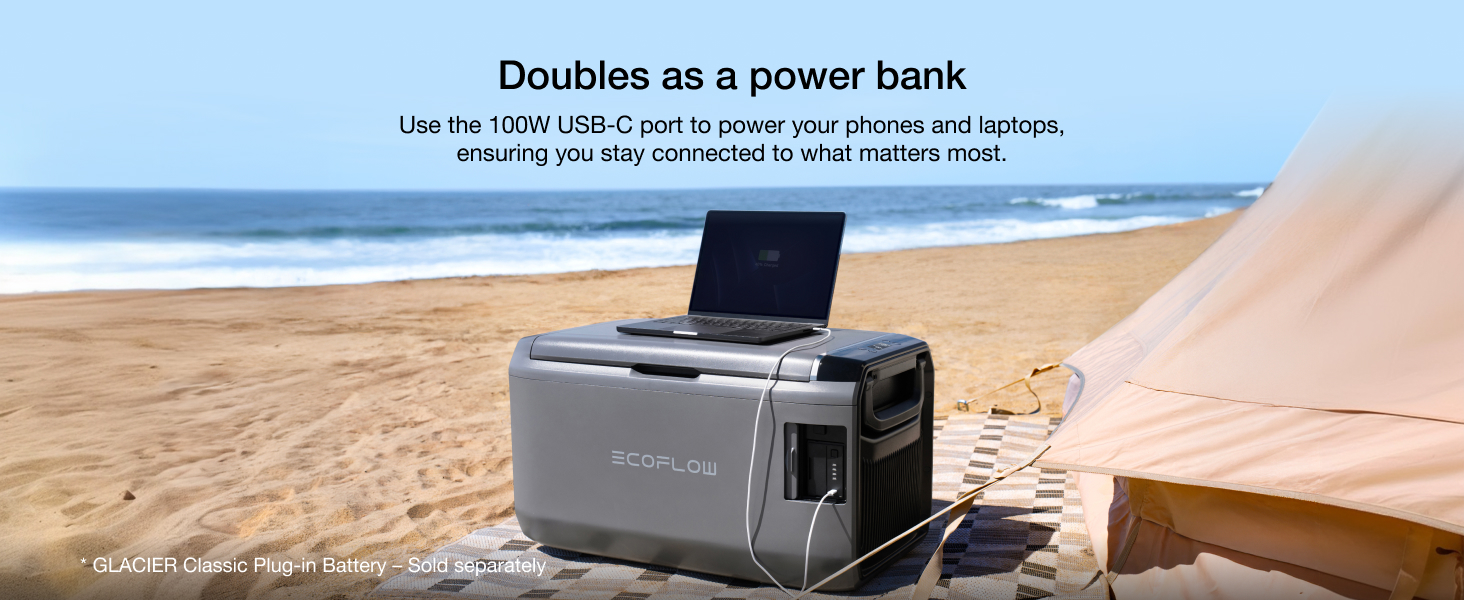Portable power station on beach, doubling as power bank. Gray device with USB ports charges laptop on wooden surface. Text highlights 1000W USB-C port for phones and laptops.