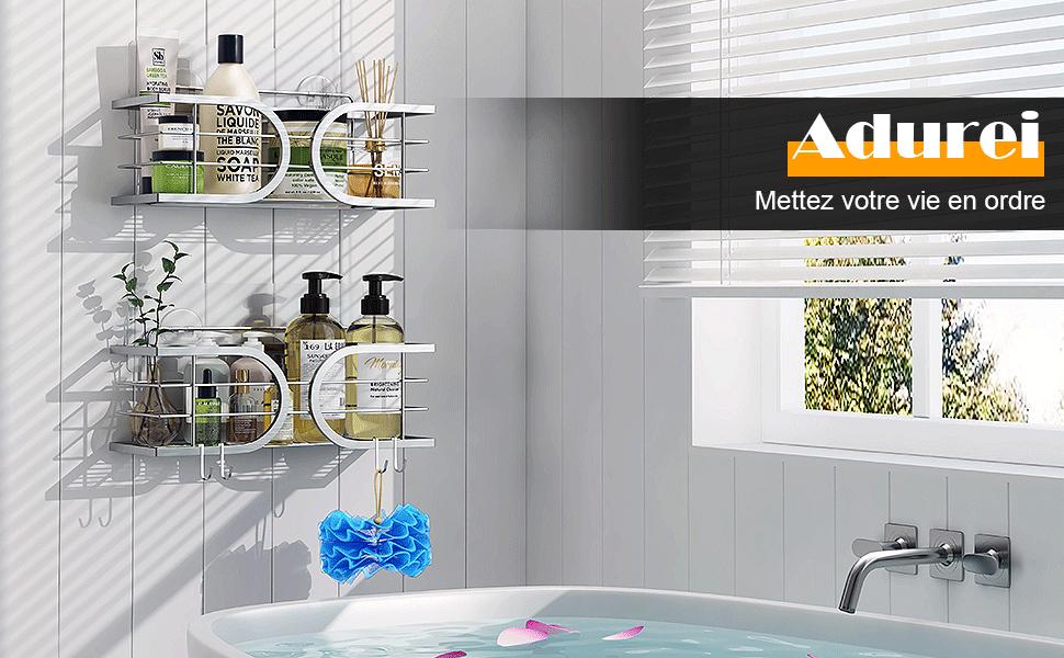 avec plusieurs étagères circulaires contenant des articles de toilette et des objets de décoration. Le texte « Adurou » est visible avec le slogan « Mettez votre vie