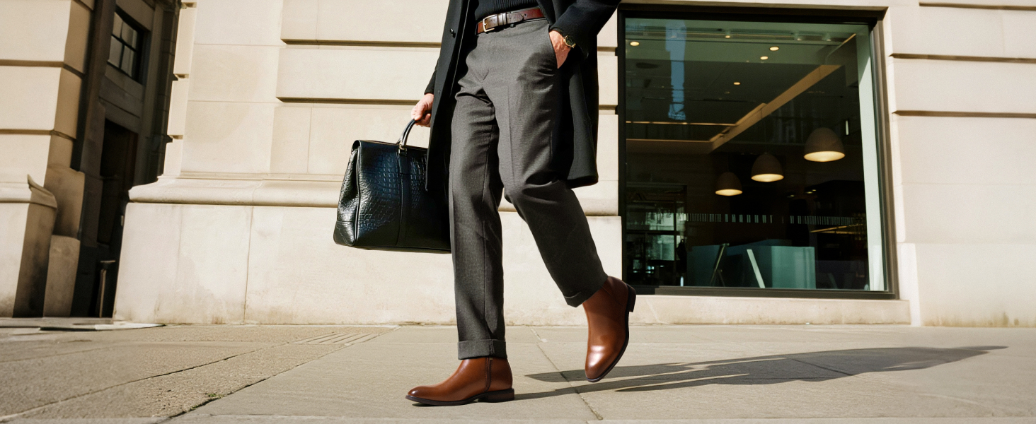 Close-up view of feet in brown leather footwear standing on what appears to be a wooden or light-colored surface.