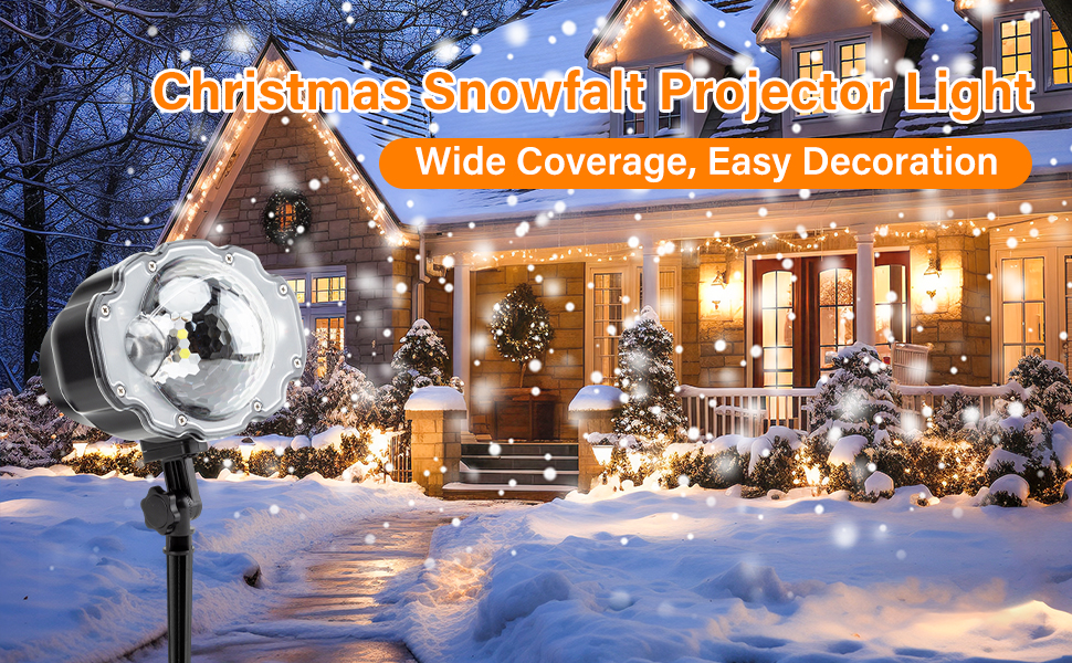 Text reads: 'Christmas Snowfall Projector Light' and 'Wide Coverage, Easy Decoration'. Shows outdoor projector creating falling snow effect on illuminated house with holiday decorations and string lights at night.