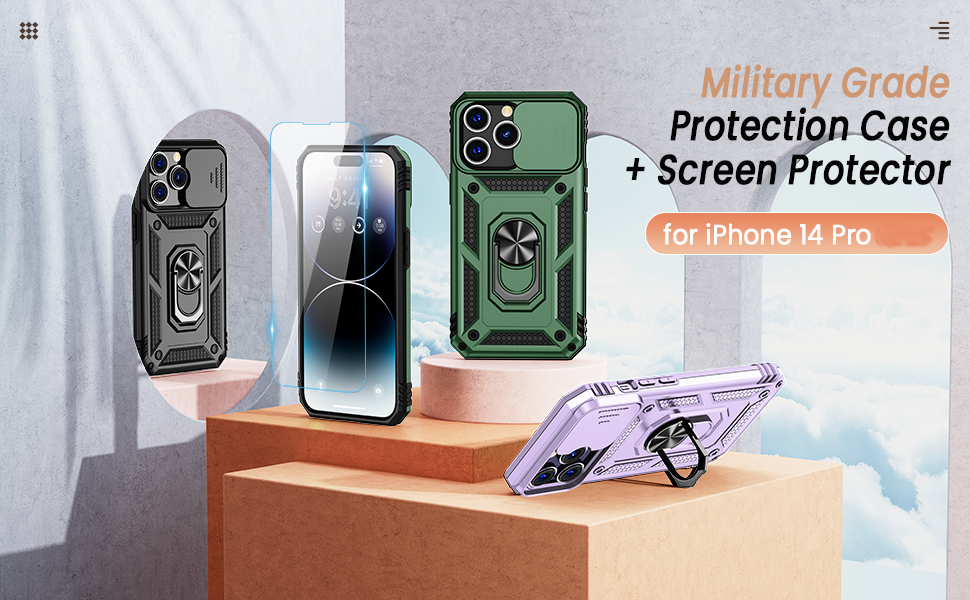 Goton for iPhone 14 Pro Case with Screen Protector Slide Camera Cover