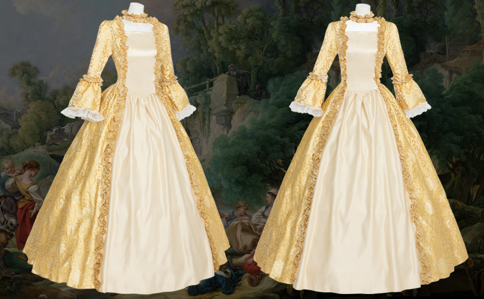 Gold 18th Century Women's Rococo Ball Gown Renaissance Floral Long Gothic Victorian Dress