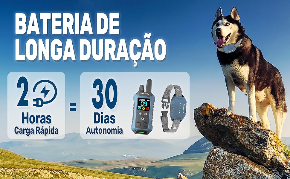 Infographic showing the battery life of the dog's GPS tracker: 2 hours of fast charging equals 30 days of battery life. Image of a husky in the mountains illustrates outdoor use.