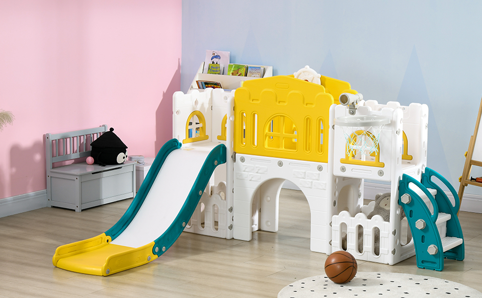 children indoors freestanding large climbing frame inside