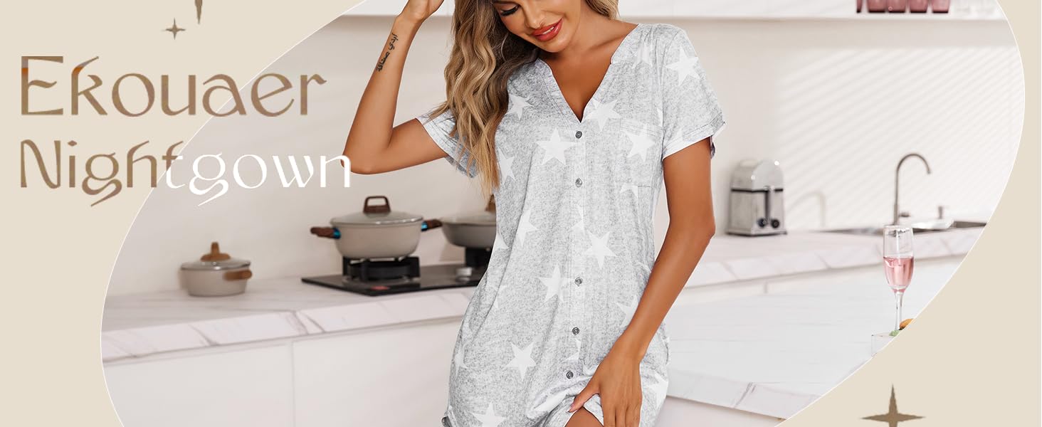 Ekouaer Women's Nightdresses Sexy Nightwear for Women V Neck Button Short Sleeve above Knee Nightshirt, S-XXL 8 Women's nightgown