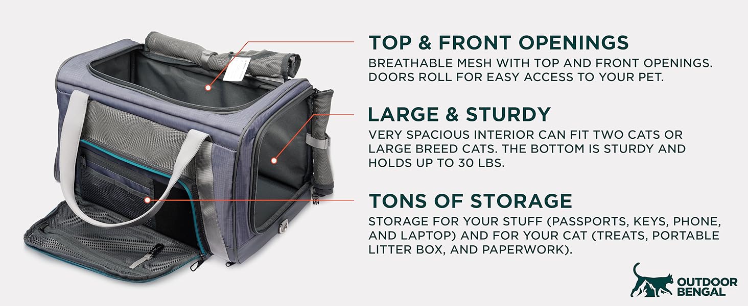 Airline-approved cat carrier with top/front mesh openings, storage, fits 2 cats, holds 30 lbs