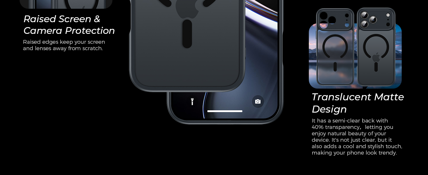 Text reads 'Raised Screen & Camera Protection' and 'Design'. Multiple product views of a phone case showing raised edges around screen and camera, with technical design elements highlighted.