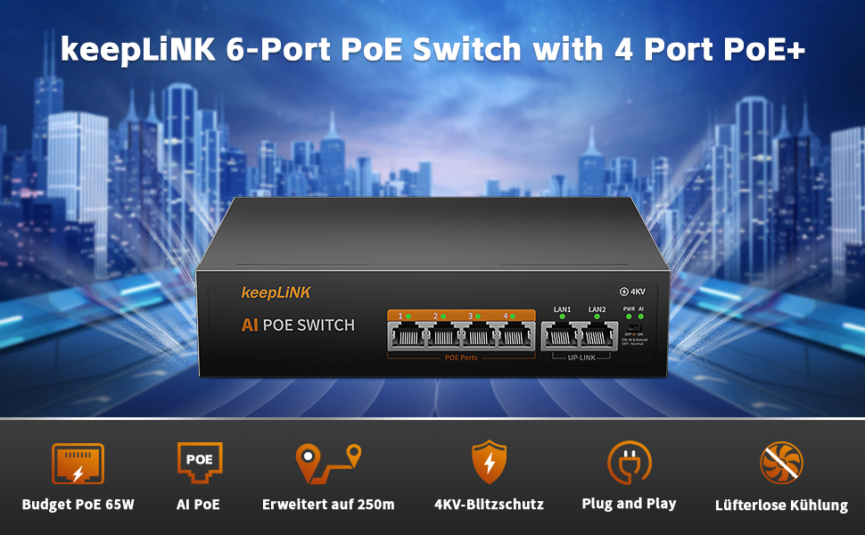 keepLiNK PoE Switch 6 Port 100Mbit/s LAN Switch mit 4 PoE+ Ports, 2 ...