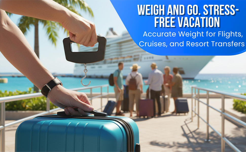 Person lifting teal suitcase at terminal using baggage weight scale/digital luggage scale