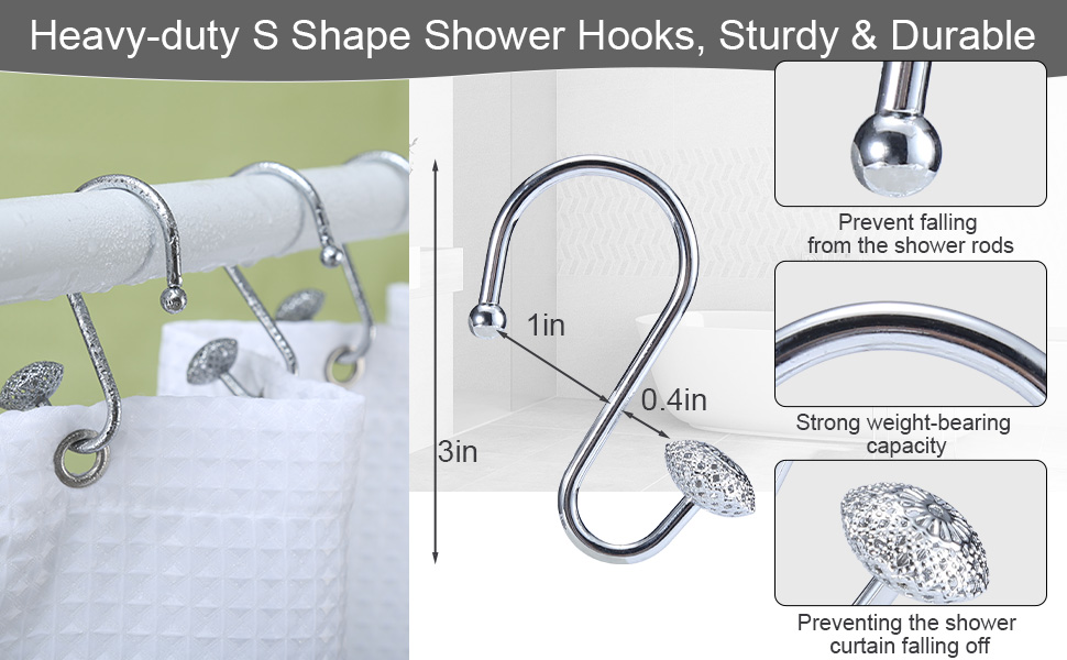Silver Shower Curtain Hooks, Decorative Shower Curtain Rings, Modern