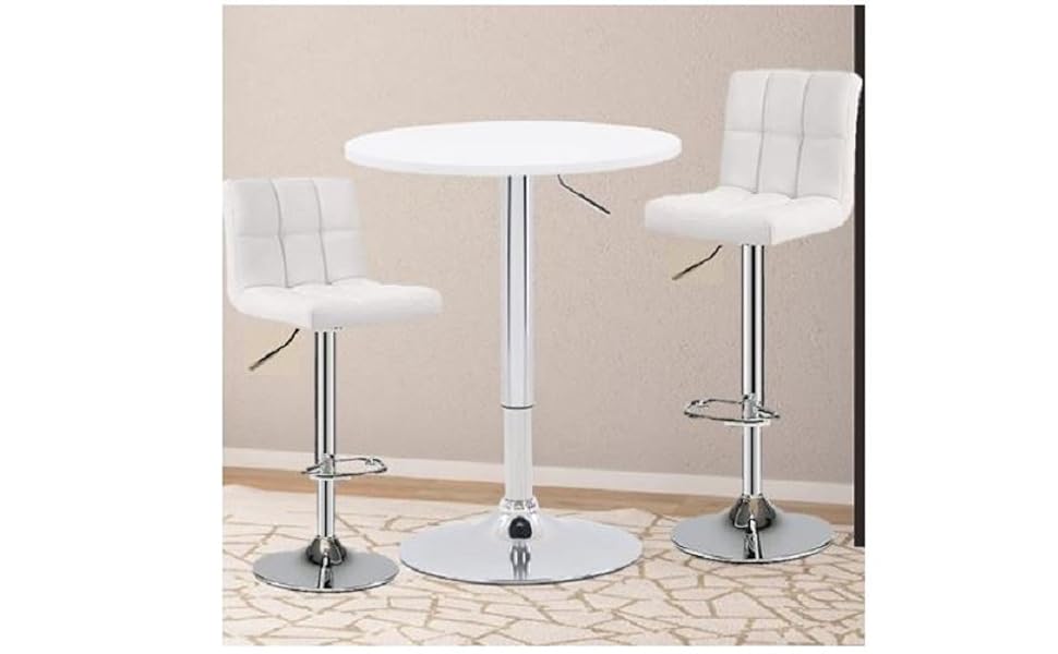 3-Piece Adjustable Swivel Bar Table with Two Bar stools WHITE