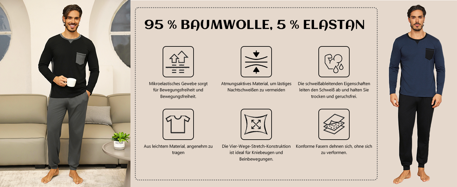 Herren Schlafanzug Lang Baumwolle Winter Pyjama Set Rundhals Schlafanzüge Männer Langarm