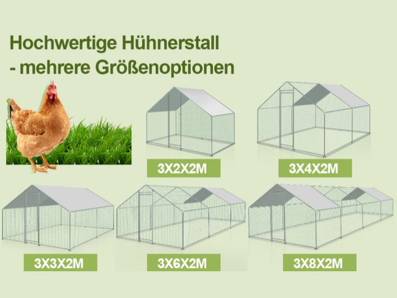 Größentabelle für Hühnerställe mit fünf verschiedenen Metallrahmenkonfigurationen, von 3x2x2M bis 3x8x2M, mit einem braunen