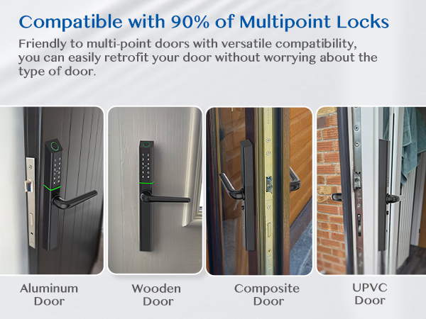 Smart lock compatibility display for various door types. Shows four door handle images: aluminum, wooden, composite, and UPVC, demonstrating versatile installation options.