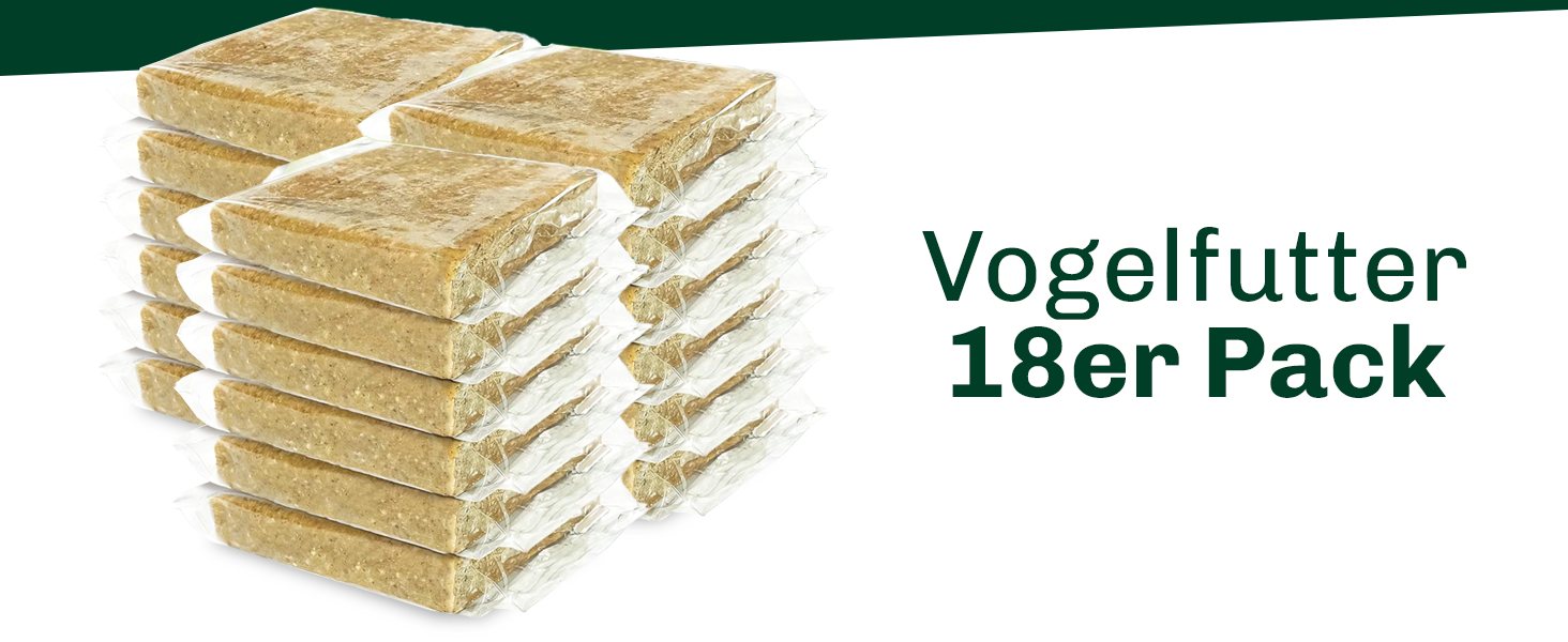 Der Text lautet „Vogelfutter“ und „18er Pack“. Mehrere gestapelte Packungen mit Vogelfutter oder Futtermitteln werden in Bündelkonfiguration angezeigt.