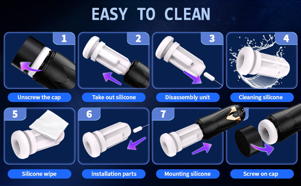 Eight-step cleaning guide for a cylindrical device. Illustrates disassembly, cleaning of silicone parts, and reassembly process on a blue background.