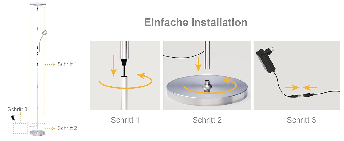 Installationsanleitung für ein kreisförmiges Produkt. Es werden vier Schritte gezeigt: Messen, in der Mitte markieren, zur Ausrichtung drehen und Fixieren.