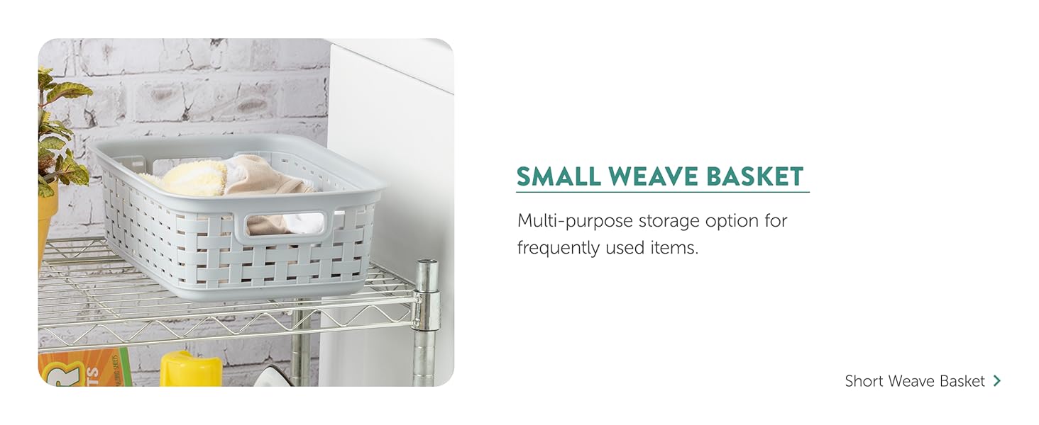 Multi-purpose small storage basket with clothes labeled as &#39;Small Weave Basket&#39;.