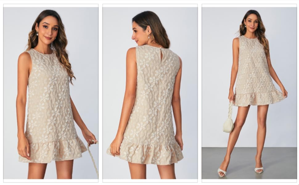 Women's Ruffle Hem Sleeveless Tank Dress Round Neck Casual Jacquard Hem Smock Summer Mini Dresses