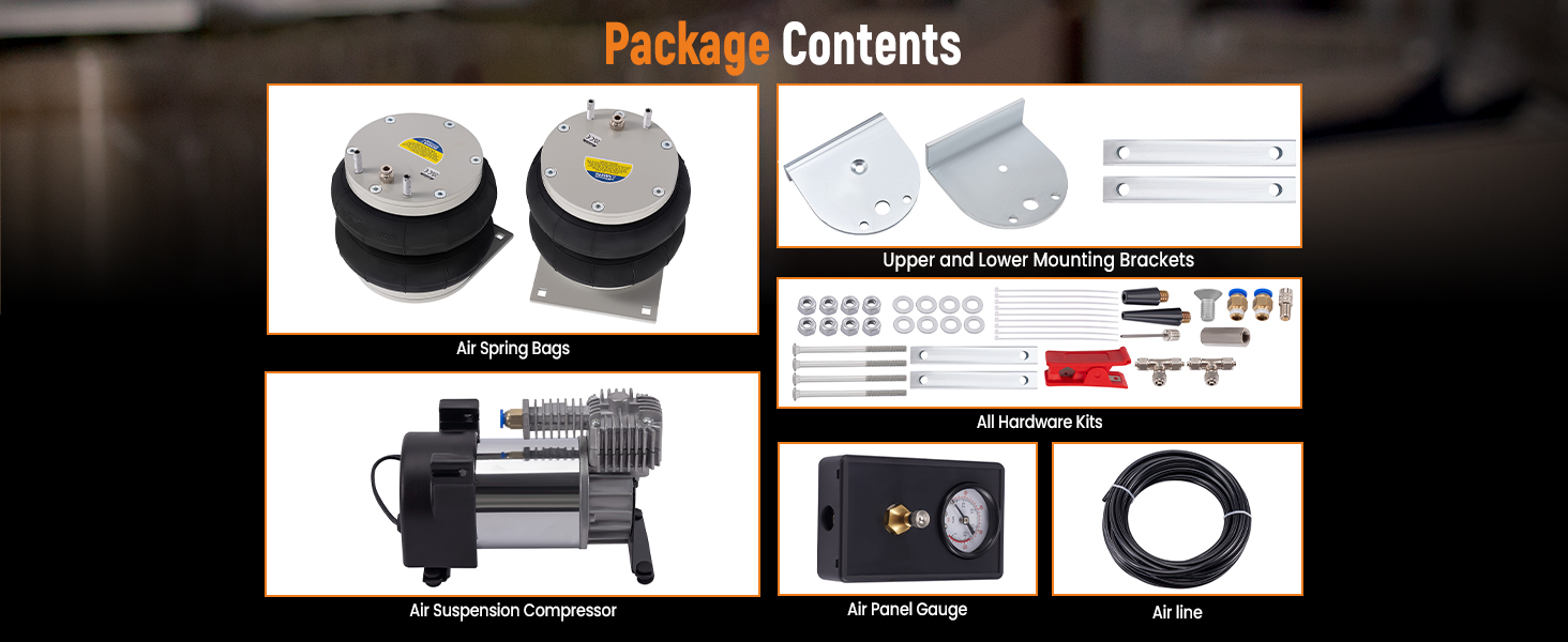 Package contents of an air compressor kit including two cylindrical units, mounting brackets, hoses, electrical components, and various small parts and accessories laid out on a dark background.