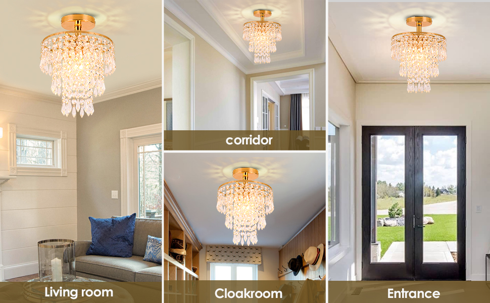 FRIXCHUR Small Crystal Chandelier Light Fixture Flush Mount Ceiling