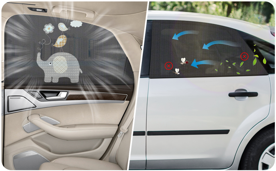Two-panel image of car sunshades. Left shows interior with elephant design, right shows exterior of white car with colorful animal designs visible through windows.