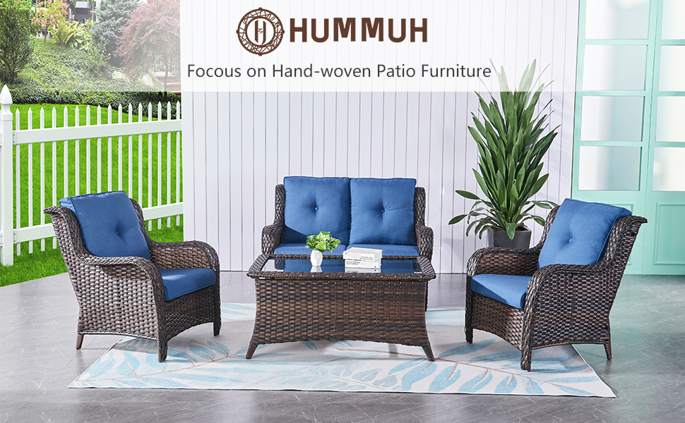 HUMMUH 4 Piece Patio Conversation Furniture Set PE Wicker