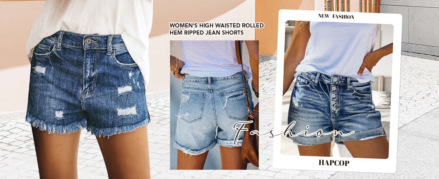 HAPCOPE Women's High Waisted Rolled Hem Ripped Jean Shorts
