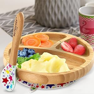 Round Bamboo Baby Plate;Wooden Toddler Plate;Stay Put Feeding;BPA-Free