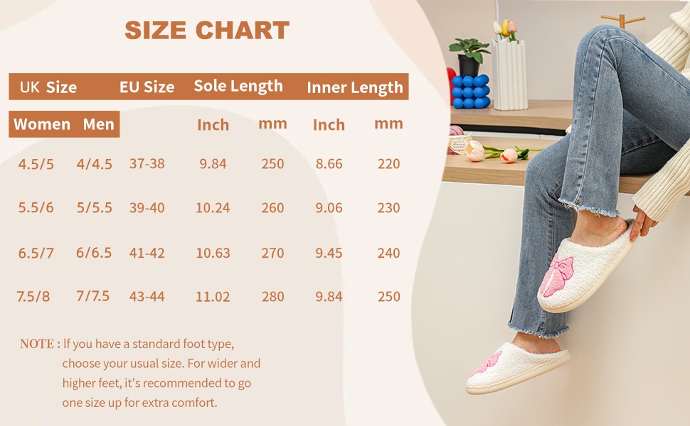 Text reads 'SIZE CHART' with detailed measurements table showing EU/inch/mm sizes and length specifications for clothing items.