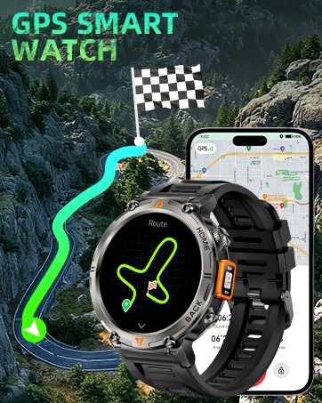 Il testo dice «GPS SMART WATCH». Mostra l'interfaccia dello smartwatch con visualizzazione della mappa di navigazione e icona a forma di bandiera a scacchi che indica gli indicatori di destinazione.