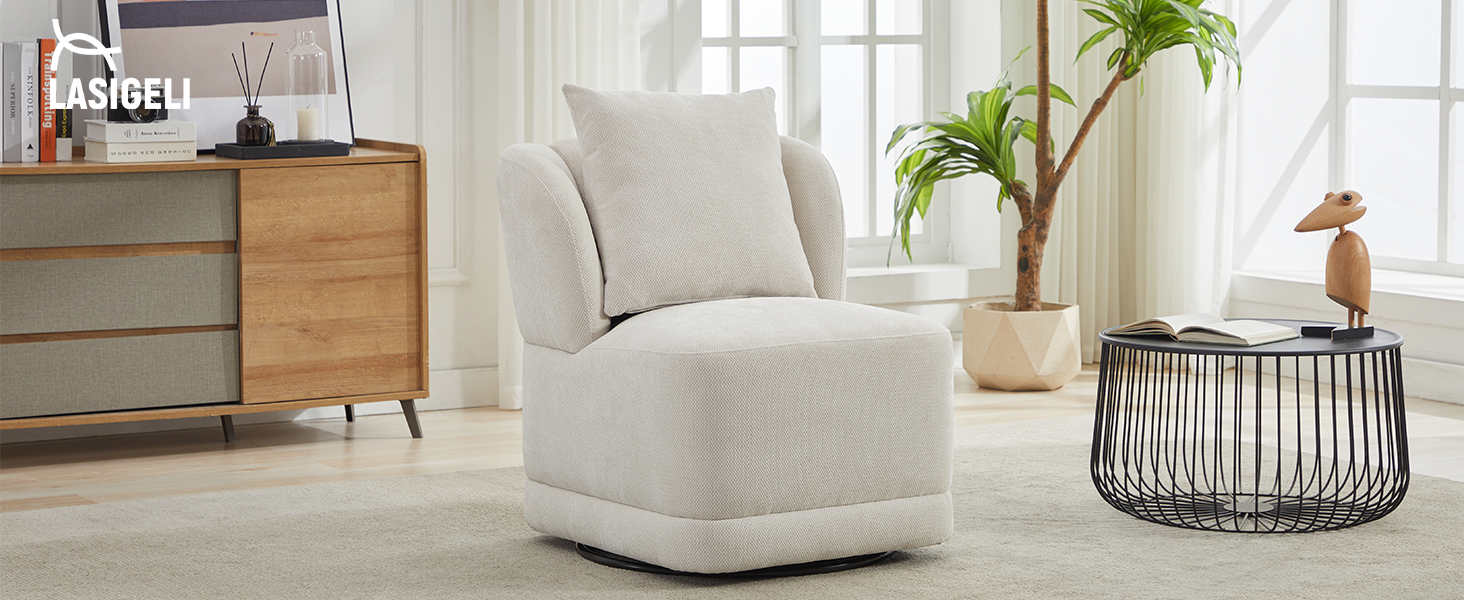 Swivel Accent Chair for Living Room,360° Rotating Barrel Chair with Square Back Pillow,Cream White
