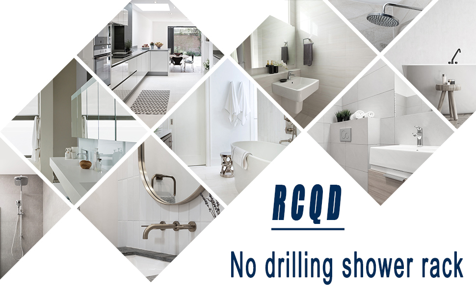 Collage d'intérieurs de salles de bains modernes avec des luminaires blancs, des designs minimalistes et une superposition de texte mentionnant « étagère de douche sans perçage