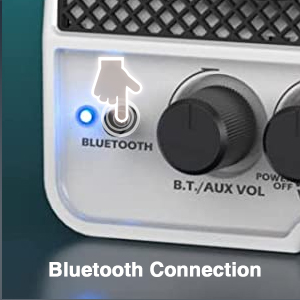 Close-up of the Bluetooth button on the LEKATO Mini Guitar Amplifier, showing the indicator light.