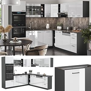 a kitchen with a black and white combination